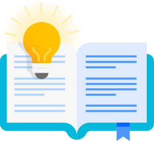 An illustrated, open book full of text content, with a yellow light bulb floating above
