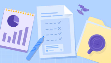 Uma ilustração de um desktop ocupado com notas, tabelas, gráficos e uma checklist