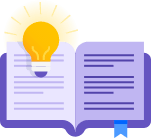 An illustrated, open book full of text content, with a yellow light bulb floating above