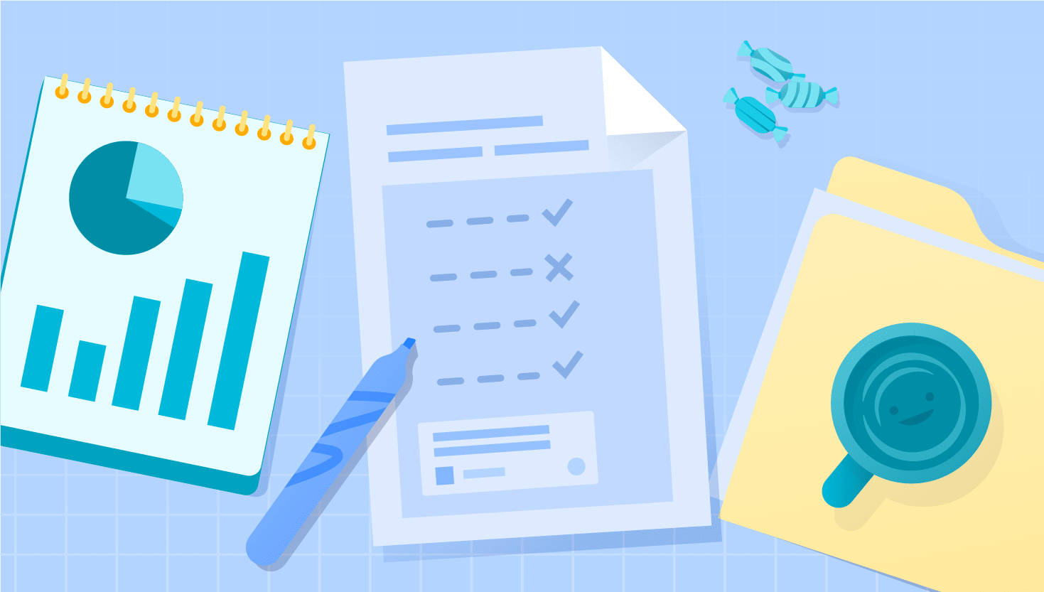 An illustration of a busy desktop with notes, charts, graphs, and a checklist